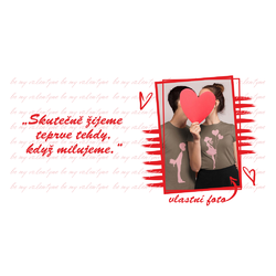 Bílý fotohrníček s valentýnským motivem a vlastní fotografií - červený barevný lem a ucho