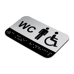 CEDULKA NA DVEŘE PRO NEVIDOMÉ - Braillovo písmo - WC muži + bezbariérové - 100x60mm - STŘÍBRNÁ