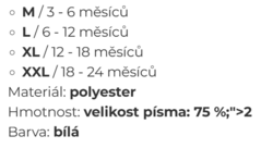 Velikost, specifikace dětského body