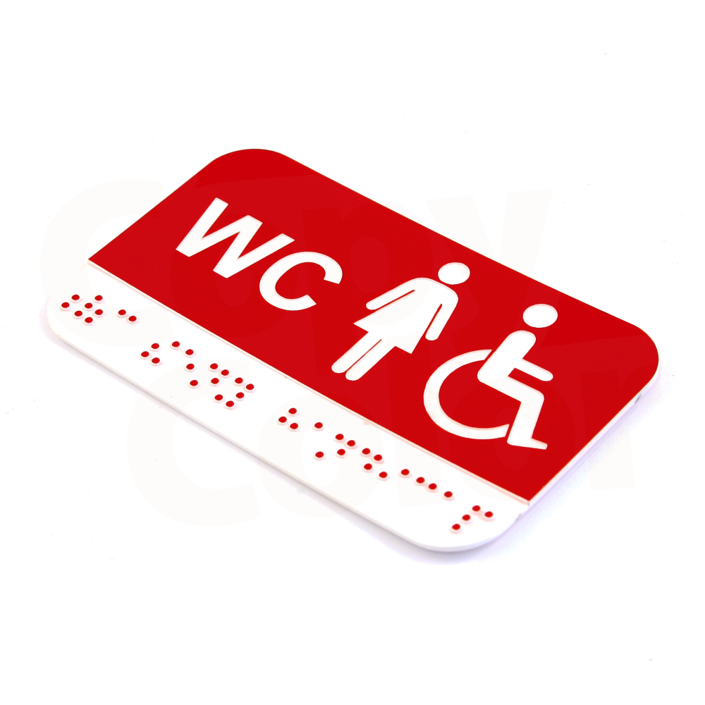 CEDULKA NA DVEŘE PRO NEVIDOMÉ - Braillovo písmo - WC ženy + bezbariérové - 100x60mm - ČERVENÁ
