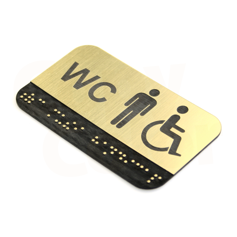 CEDULKA NA DVEŘE PRO NEVIDOMÉ - Braillovo písmo - WC muži + bezbariérové - 100x60mm - ZLATÁ