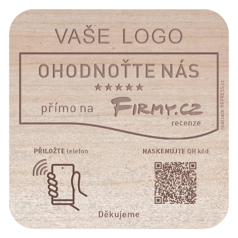 NFC + QR dřevěná destička ke sběru recenzí na Firmy.cz s vlastním logem