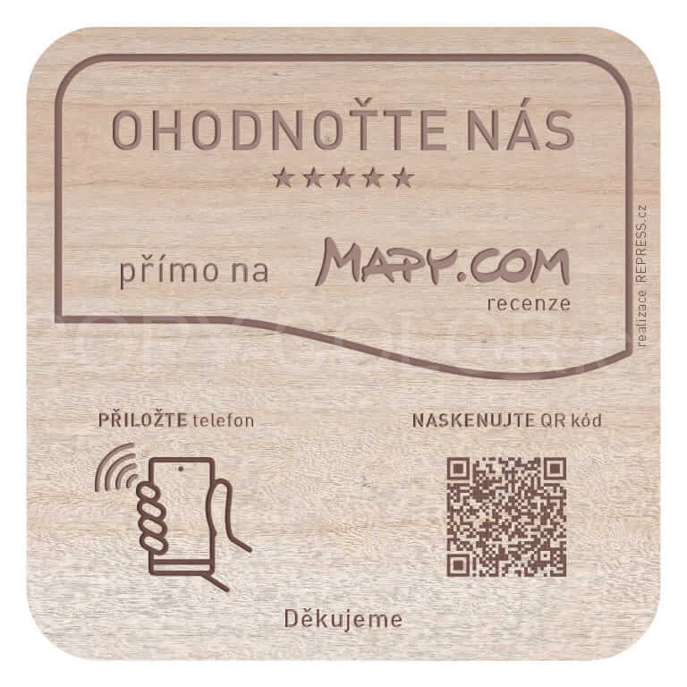 NFC + QR dřevěná destička ke sběru recenzí - Mapy.cz