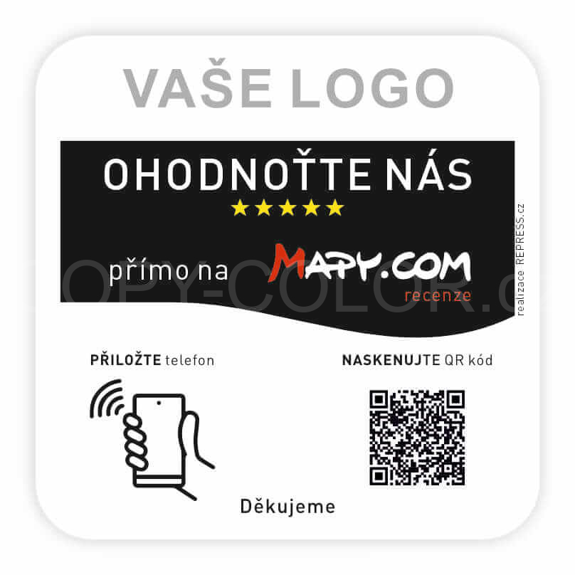NFC + QR destička ke sběru recenzí - Mapy.cz s vlastním logem