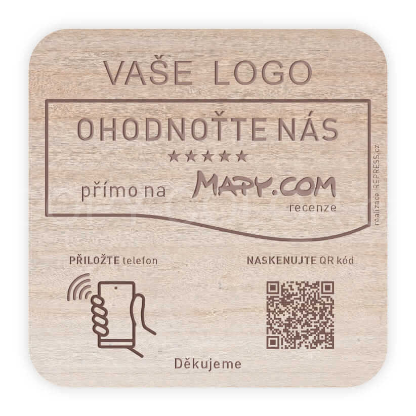 NFC + QR dřevěná destička ke sběru recenzí - Mapy.cz s vlastním logem