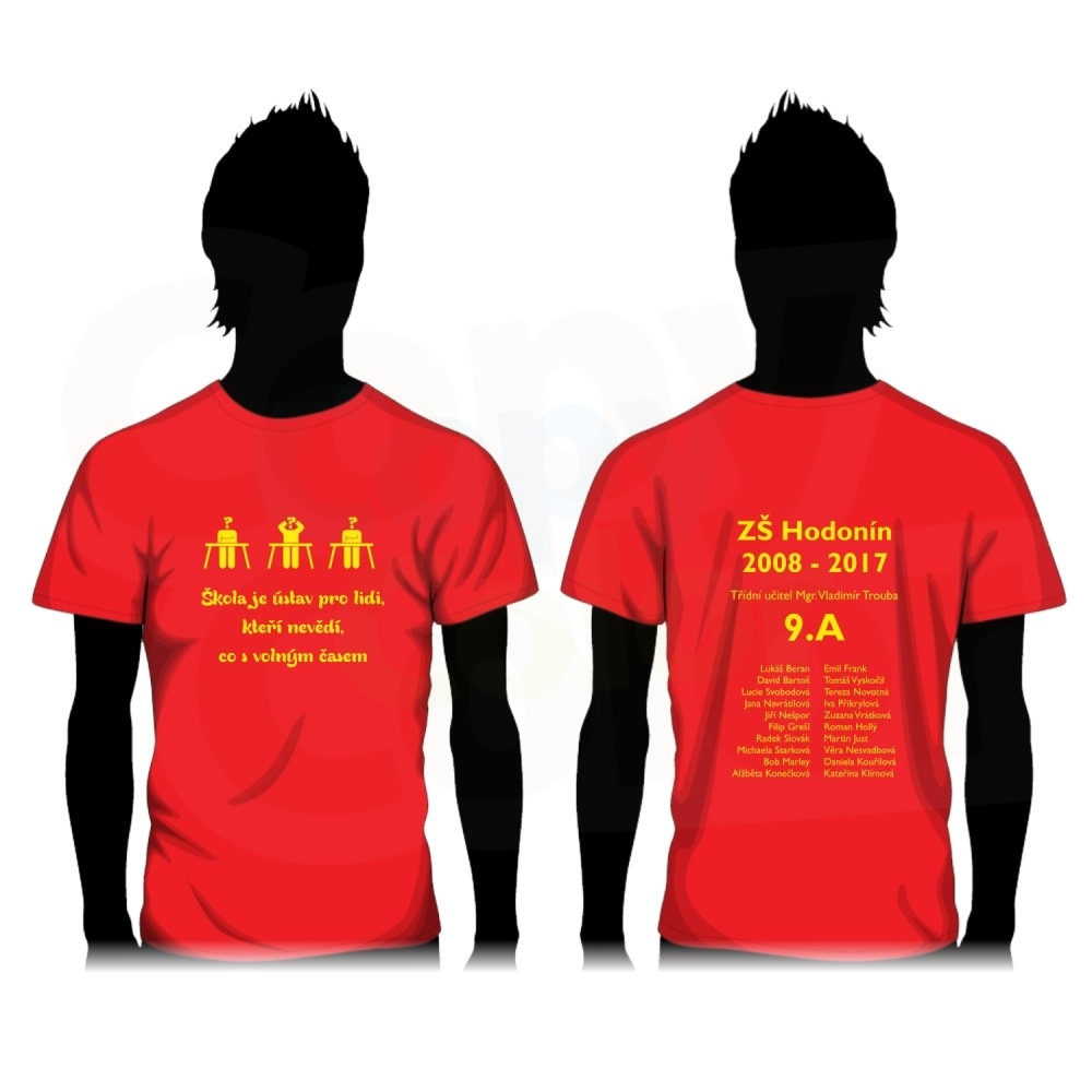 Absolventská trička - Červené triko + 2 jednobarevné potisky A4